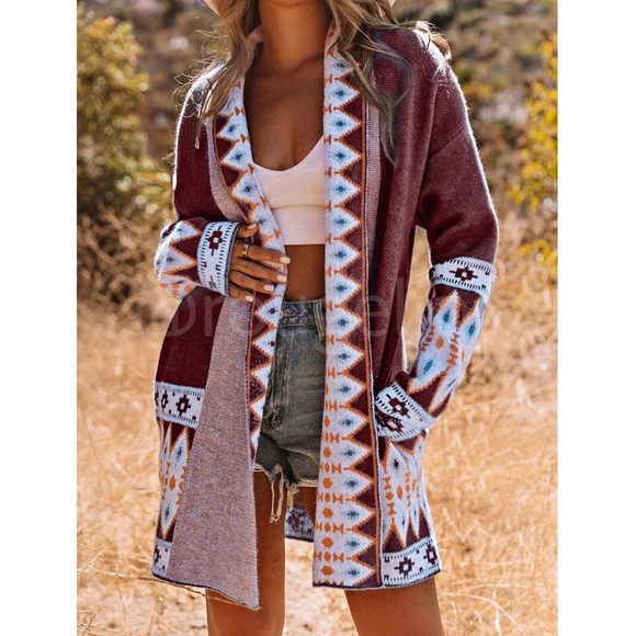 Rouge! Sweaters - Burgundy Cardigan Aztec Western Bohemian Print Knit Long Sleeve